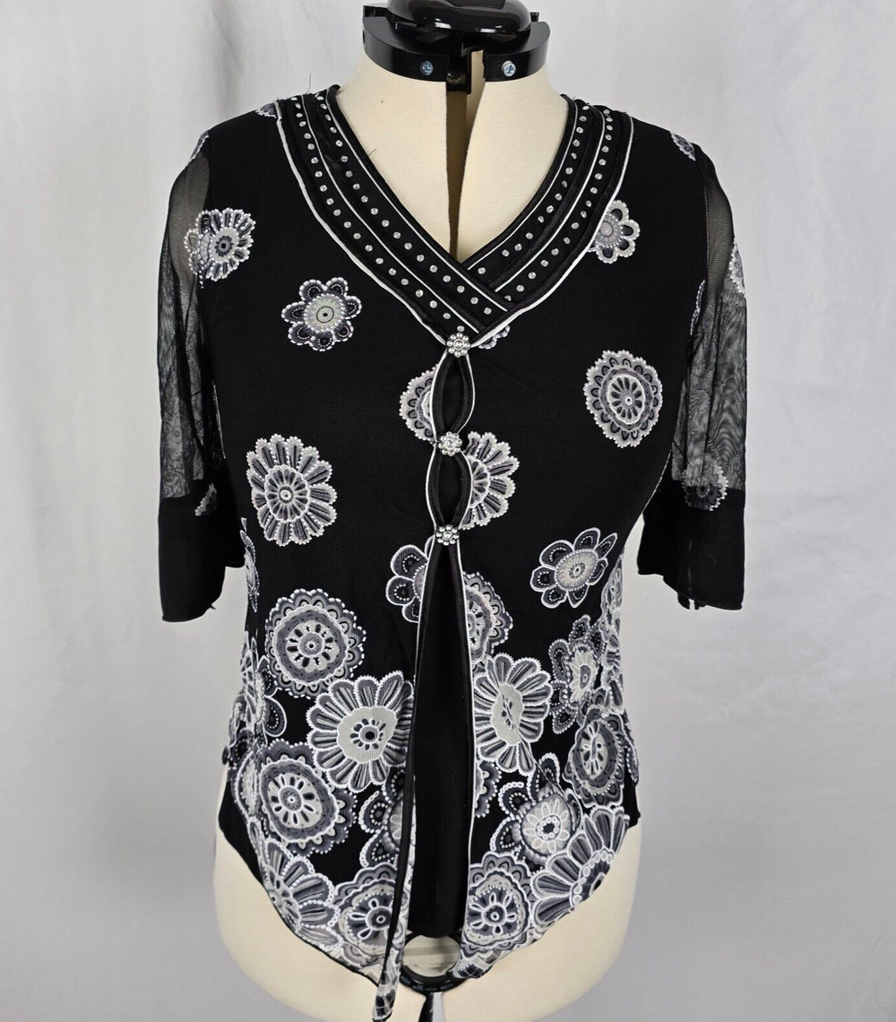 Design Works Blouse Women's Medium Black White Floral Buttons Half Sleeve